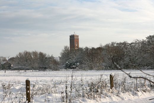 Blick über die Binnenwiesen hin zu dem alten Leuchtturm im Schnee
